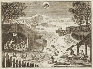 In een kaal winterlandschap in een dorp zijn in een schuur links mensen graan aan het dorsen. Rechts voor slaat een man een houten pen in een verbinding tussen twee stukken hout. Aan een tafel zit iemand te schaven en er sjouwt een man met takkenbossen. Over een pad komt een boerenwagen aangereden. In de verte ligt een volgend dorpje.