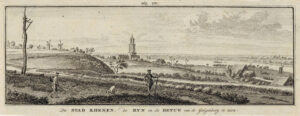 Links een heuvelachtig landschap dat naar beneden loopt met rechts in de verte de rivier de Rijn. Aan de overkant een vlak landschap. Rechts in de verte de Cuneratoren van Rhenen met wat huizen. Rechts op de heuvel een paar windmolens, in het landschap wat daken van boerderijen en schuren. Op de voorgrond staan twee jagers met hun honden.