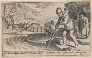 Het steken, stapelen en drogen en vervoeren van turf. Links wordt een turfschip geladen. Met onderschrift van 2 regels in het Latijn.