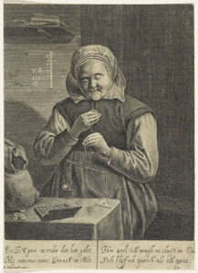 Een oude vrouw houdt een weegschaal vast. Ze kijkt naar de munt in haar rechterhand. Op de tafel voor haar een zak met geld, enkele losse munten en een kistje. Links boven haar liggen enkele boeken op een plank. Onder de voorstelling bevindt zich een vierregelig, Nederlandstalig gedicht.