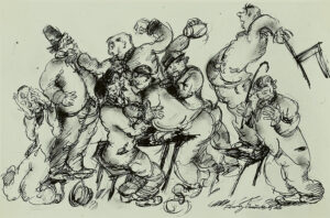 Tekening van een groep mannen die met elkaar op de vuist gaat. Er wordt gestompt, met een stoel geslagen, bij de keel gegrepen en weggedoken.