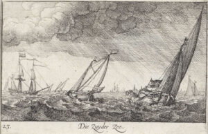 Een woelige zee met diverse soorten die schuin liggen door de wind. De regen waait diagonaal door het beeld.