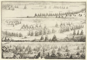 Voorstelling in drie afzonderlijke scènes waarin de gecombineerde Deense en Hollandse vloten de Zweedse vloot verslaan, 11 juni 1676, voor de Zweedse kust bij Öland. Boven het jagen door de Hollandse vloot onder Cornelis Tromp, daaronder twee scènes van de zeeslag. De schepen in de voorstelling met opschriften aangeduid. Linksonder een cartouche met zeewezens en de titel.