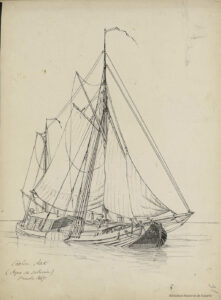 Pentekening van een fier zeilschip. Op het dek staat iemand voorover gebogen.