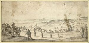 In een heuvelachtig landschap lopen her en der soldaten met paarden en kanonnen.