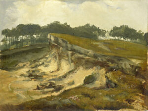 Een heuvelig groen heidelandschap met op de achtergrond bomen. Op de voorgrond is een deel van de heide afgegraven zie je het witte zand onder grijze en de bruingrijze lagen van de heide en de bodem daaronder.