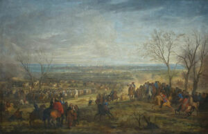 In een wijds, licht glooiend landschap ligt in de verte een stad. Op de voorgrond verzamelen zich de hoge heren op hun paarden, daarachter trekken kolonnes soldaten te voet en te paard richting de stad. Halverwege de voorgrond en de stad zien we allemaal witte wolkjes. De meeste bomen zijn kaal, één heeft al wat voorzichtige blaadjes.