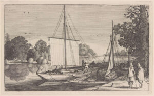 Aan de oever van een rivier liggen een aantal zeilschepen, de meesten met gestreken zeilen. Aan de kant van het water ligt er één met het zeil half gehesen. Het schip is volgeladen met turf. Er zijn mensen (mannen én vrouw) hard bezig met de lading. Aan de oever staan twee mannen, de ene wijst naar het schip.