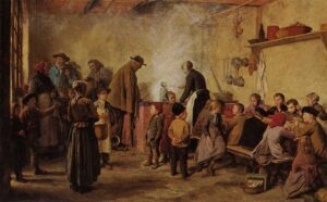 In een ruimte zijn veel mensen, vooral kinderen. Een deel zit aan tafel te eten, op de achtergrond schept een vrouw hete soep in een kan voor een man. Achter de man staan nog een paar mensen te wachten.