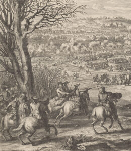 Slag bij Kassel op 11 april 1677 tussen het Franse leger onder Filips I de hertog van Orleans en de prins van Oranje. Op de voorgrond de Franse legeraanvoerders, in de verte de slag aan de voet van de berg.