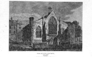 Gravure van een kerkgebouw: in het middenschip een hoog raam en in de zijbeuk een kleiner raam. De kerk lijkt geen toren te hebben.