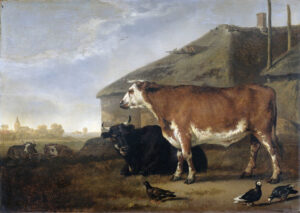 Twee ossen bij een boerderij. Op de voorgrond scharrelen een paar duiven. De boerderij heeft een duiventil in het dak en er staat een hooiberg naast. Op de achtergrond nog twee ossen en in de verte een dorp.