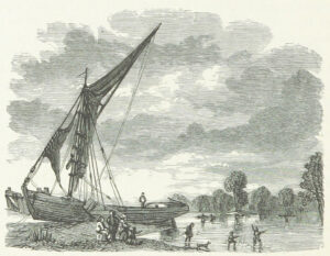Op een rivier ligt een vrij groot schip aan de oever. De schipper staat voor de kajuit. Op de voorgrond vermaken mensen zich aan de rivier op de achtergrond vaart een roeiboot.