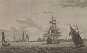 Buitenhaven (rede) te Edam. Op een woelige zee varen wat kleinere zeilscheepjes met de zeilen gehesen, daar tussen ligt het Amsterdamse VOC schip "De Alida" voor anker met aan weerzijden sloepjes. In het linker sloepje zitten diverse mannen. Op de achtergrond links een kade met een soort vuurtoren en rechts daarvan de skyline van Edam.