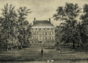 Gezicht vanuit de tuin op de zuidgevel van het kasteel Amerongen te Amerongen, uit het zuiden.