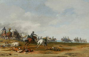 De cavalerie voert een charge uit. Op de grond liggen dode soldaten en een dood paard. Een geharnaste ruiter schiet op een ruiter met een zwaard. Op de achtergrond vinden meer gevechten plaats.