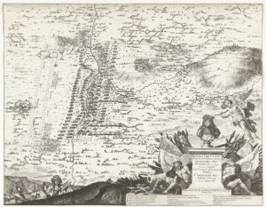 Kaart met de slagordes van de troepen bij de slag bij Kassel op 11 april 1677 tussen het Franse leger onder Filips I de hertog van Orleans en de prins van Oranje. De veldslag gezien van bovenaf. Op de voorgrond rechts een borstbeeld van de hertog van Orleans op een voetstuk, met geketende gevangenen, wapens en vaandels.