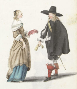 Een jonge dame en een jonge man zijn in gesprek. De dame draagt een bruine jurk met blauwe onderrok, haar haar is opgestoken met wat krulletjes los rond haar hoofd springend. In haar linker hand heeft ze een rode veer. De heer is in het zwart met een hoed met brede rand en een cape. Zijn haar valt los over zijn schouders. Hij draagt rode laarzen en onder zijn cape steekt een degen uit. In zijn rechterhand heeft hij een paar lichte handschoenen.