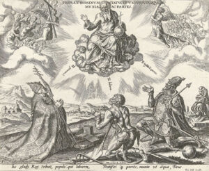 God zit op een wolk aan weerszijden geflankeerd door koren van Engelen. Op aarde knielen een bisschop, een vorst en een handwerker voor hem neer. In Latijnse teksten krijgen ze hun taak toebedeeld.