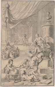 Allegorische voorstelling met de personificatie van Geschiedenis in een bibliotheek. Naast haar Waarheid en Vadertje Tijd. Op de voorgrond vier putti met boeken en een globe. Links Charitas. In de achtergrond twee putti voor een verzamelkabinet.