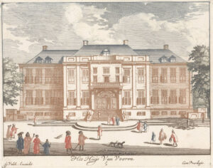 Voorzijde van Paleis Soestdijk, jachtslot van stadhouder Willem III van Oranje-Nassau. Op de voorgrond figuren.