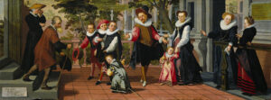 Op een terras staat rechts een rijk echtpaar met vijf kinderen, links komen de arme ouders de trap af. Een van de kinderen speelt met een stokpaard, een ander heeft een hondje onder de arm. Rechts bij een hek kijken twee vrouwen toe. De door de vader en zoon uitgesproken teksten staan als opschriften op bordjes.