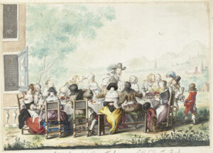 Aan de linkerkant zien we nog net een stukje van de gevel van een groot huis met ramen met heraldische wapens. In het gras staat een lange tafel met allemaal mensen erom heen. Op tafel staat eten en de mensen vermaken zich met elkaar, er wordt geflirt, getoast en gekletst. Een kleine jongen loopt rond om de glazen bij te vullen.