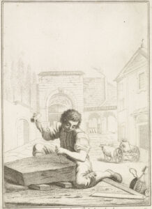 Een steenhouwer aan het werk op straat. Naast hem op de grond ligt een grote winkelhaak. Op de achtergrond de Porta Romana te Florence.