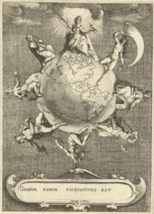 Ets van een wereldbol met deugden en ondeugden. Onder de wereldbol een cartouche met de titel: Omnium rerum vicissitudo est.