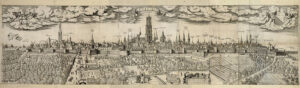 rofiel van de stad Utrecht uit het westen gezien, met de aanduiding van de namen van de torens. Herkenbaar zijn ondermeer: de Bemuurde Weerd, de Jacobikerk, de Vleutenseweg (links vooraan) eindigend bij de Catharijnepoort, de Janskerk, het ontmantelde Vredenburg met molens op de bastions, de torens van het stadhuis en de Pieterskerk, de Domkerk, de torens van de Oudmunsterkerk, de Buurkerk, het Bisschopshof, de kerk van de Paulusabdij, de Mariakerk, de kerken van het Abraham Rechtsonder loopt het Lijnpad.
