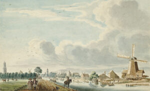 Ingekleurde tekening van de Vaartsche Rijn. Aan de rechteroever de molen, huizen en een buitenplaats. Links het jaagpad met daarop een jager te paard, maar ook een wandelend stelletje en in de verte een koets. Op de achtergrond de stad Utrecht met helemaal links de Dom en midden de toren van de Nicolaikerk.