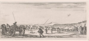 Een stoet van soldaten en paarden die kanonnen verplaatsen in een landschap.