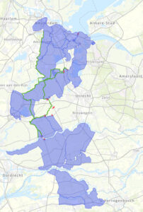 Plattegrond van Amsterdam tot 's-Hertogenbosch. Het stuk Amsterdam-Muiden-Alphen aan den Rijn-Woerden-Schoonhoven-Everdingen-Gorinchem-Leerdam-Werkendam-Den Bosch is blauw gekleurd.