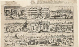 Gravure met negen afbeeldingen die te maken hebben met de pestepidemie in Londen.