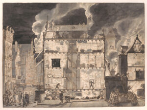 In het midden van de tekening de doorsnede van een brandend huis. Links staat een man te spuiten vanaf een platform en van daar kan hij alle plekken in het huis bereiken. Rechts hebben de mannen lieren slangen en die brengen ze in het huis, met een ladder naar het raam en op het dak.