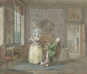 Een dame in een gele jurk met een paars jasje en een grote witte hoet met blauwe strik staat voor een stoel. Ze kijkt naar de man naast haar. Hij zit op een stoel, heeft wit wild haar en een paardenstaart. Hij draagt een groene kamerjas en slippers. Hij speelt gitaar en aan zijn voeten zit een hond. Achter hun staat een tafel met daarop bladmuziek en een fles met glazen. Links bij het raam staat een tafeltje met daarop een servies. Rechts door de deur zien we nog net de meid die aan het vegen is.