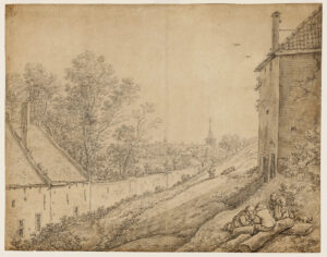 Tekening van rechts een aardenwal met daarin een torenachtig bouwwerk dat tekenen van verval vertoont (scheuren in de muur, losse bakstenen op de grond en planten in de muur). Op de voorgrond een groepje mensen met een hond die op wat boomstammen zitten te kletsen. Op de achtergrond een vrijend stelletje. Links de stod, eerst een huis, daarna een muur met een grote tuin erachter. Op de achtergrond meer huizen en een kerktoren.