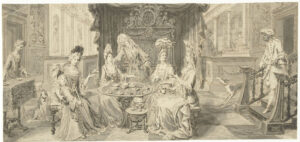 Theedrinkende dames in een interieur, links een meid, rechts een bode.