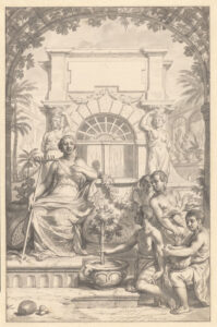 Op een troon zit een vrouw (ceres?) met een hark in haar hand. Rechts van haar presenteren Afrikaanse jonge mannen verschillende planten.