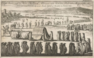 De begrafenis van Hendrik Adriaan Baron van Rheede tot Drakestein te Surat ijn India, januari 1692. Begrafenisstoet buiten de stad met een lijkwagen getrokken door vier ossen. Erboven staat: Lyk-Statie van de Heer Hendrik Adriaan van Rheede, Heer van Meydrecht, etc. Gestorven den 15 December 1691 en ter Aarde bestelt op Suratte in Januari 1692