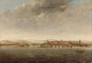 Gezicht op de stad Cochin, aan de kust van Malabar. Gezien van de zee, rechts een Hollandse koopvaarder, op de voorgrond enkele roeiboten. Bovenaan de plaatsnaam Couchyn.