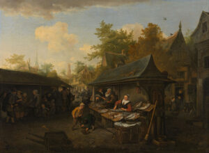 Een vismarkt in een stad. In het midden een stalletje waar vis uitgestald ligt en waarachter een vrouw vis schoonmaakt. Links andere stallen. Voor de stal een waterpomp en een bezem. Op de voorgrond een kruiwagen.