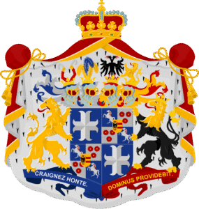 Een breed familiewapen tegen een rode mantel met hermelijnen voering die bovenaan met een kroon bij elkaar gehouden wordt. Het wapen zelf is in vieren gedeeld. Links boven en rechts onder een blauwe achtergrond met een wit kruis. Rechts boven en links onder zijn ook hetzelfde en weer onder verdeeld: links boven een wit steigerend paard op een blauwe achtergrond en rechts boven en links onder drie rode bloemen met een geel hart op een witte achtergrond. In het midden hiervan (dus het rechtsboven en linksonder wapen) een geel wapen dat links een tweekoppige zwarte adelaar heeft en rechts twee orde strepen. Op het wapen staan vier helmen en elke helm heeft een eigen helmteken. Van links naar rechts zijn dit: een kroon twee armen in rode mouwen met een veer in de hand, een kroon met gele en blauwe veren, een kroon met een dubbelkoppige zwarte adelaar en een kroon met een leeuw. Het wapen wordt aan beide zijden geflankeerd door een leeuw. Links geel, rechts geel met een zwart lijf. Onder het wapen staan twee spreuken: "Craignez honte." en "Dominus Providebit.