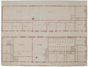 Twee plattegronden met onder de benedenverdieping en boven de zolder. Op de benedenverdieping bevinden zich van links naar rechts: twee kamers met een melkkamer en een trap naar de kelder, een bouhuis met koestal, een koetshuis en het volgend deel is in tweeën gedeeld: boven de paardenstal met stands, hooiruiven en een pomp, daaronder drie kamers, waarvan twee met twee bedsteden en één met een bedstee. Een deel van deze kamer wordt ingenomen door de trap naar zolder. Helemaal rechts nog drie kamers en een trap naar boven. Op de bovenverdieping onderaan twee keer drie kamers aan een gang. Daarboven één grote ruimte als zaadzolder en hooijzolder. Rechts nog twee kamers.