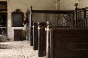 Een oude stal met rechts achter een afgesloten deel met hoge tralies en een open ruimte boven de deur, in deze box staat een paard. Hiervoor zijn drie stands met half hoge schotten en op de schotten tralies die hoger worden richting de muur. Achter tegen de muur een krijtbord met daaronder een kist, op de vloer liggen kinderkopjes.