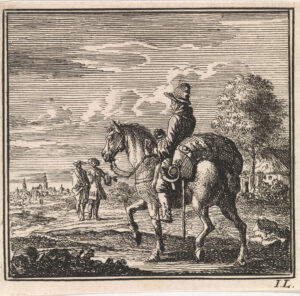Een man rijdt op een paard door een landschap. Achter het zadel ligt een grote, gevulde zak waaraan een posthoorn hangt. Op de achtergrond een boom, een boerderijtje en twee pratende mannen. In de verte een stad.
