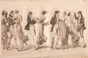 Tekeningen vaan verschillende paren die verschillende onderdelen van de wals laten zien. De dames dragen empire jurken die wild rond fladderen, de mannen dragen strakken broeken en lange jassen.