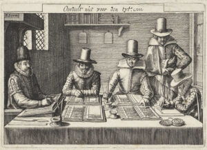 Rekenschool waarin het boekhouden wordt onderwezen. Aan een tafel zit links, in een stoel met baldakijn, de rekenmeester. Drie leerlingen zitten met rekenboeken voor zich te schrijven. Een vierde staat ter rechterzijde bij de tafel toe te kijken. Tegen de achterwand van het vertrek een boekenplank en twee schrijftabletten. Daar boven de zinspreuk "Oordeelt niet voor den tyt".