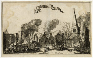 Een dorpsgezicht met links een bijna afgebrand huis, achter twee huizen waar de rook uit het dak komt, rechts een ruïne en de kerk. Rechts op de voorgrond militairen die schieten en oprukken met speren, links verzamelen mensen hun vee in bezittingen en trekken weg. In het dorp groepjes mannen die vechten.