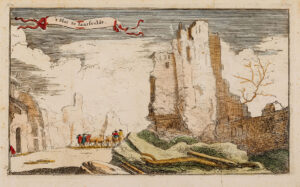 Ingekleurde gravure van de restanten van een kasteel. Rechts staan nog hoge muren, ervoor ligt een boom, Links staan ook nog muren, maar lager. Tussen de restanten lopen drie mannen met koeien en rijden twee mannen te paard.